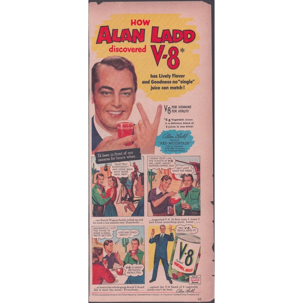 Vintage 1951 V8 Vegetable Juice Print Ad Alan Ladd Red Mountain Movie Promo